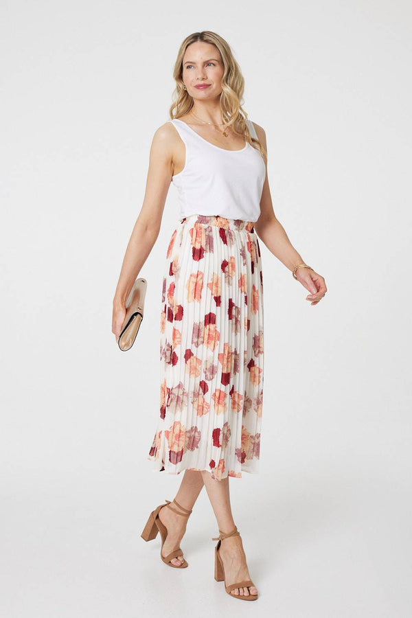 Rose Print Pleated High Waist Midi Skirt