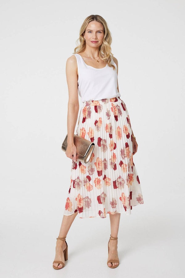 White | Rose Print Pleated High Waist Midi Skirt