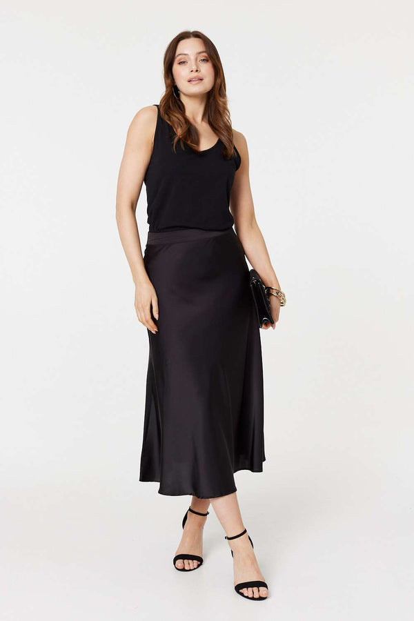 Black | High Waist A-Line Midi Slip Skirt