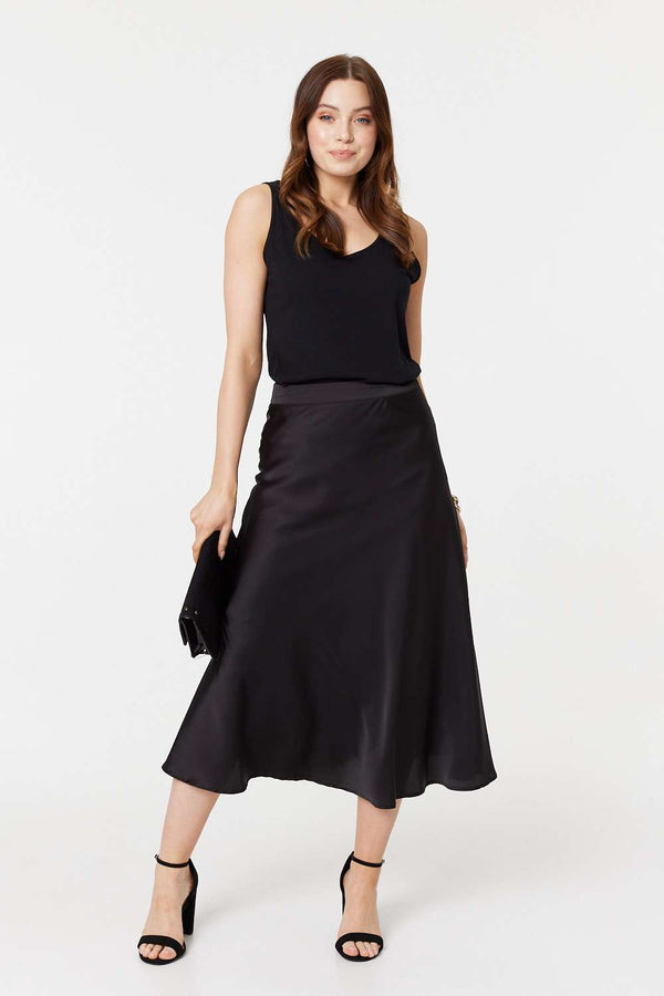 Black | High Waist A-Line Midi Slip Skirt