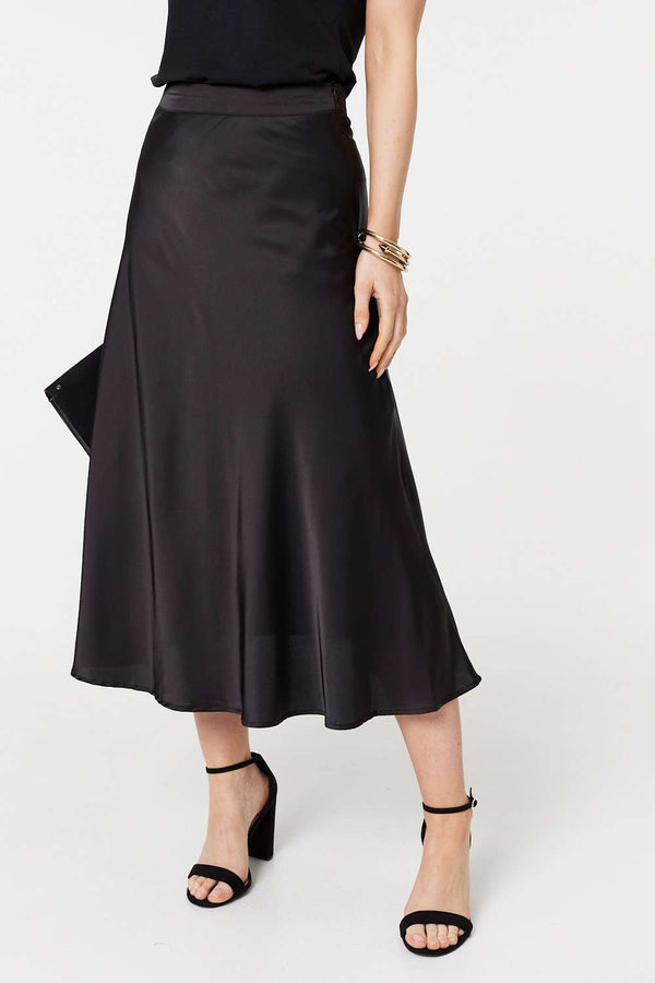 Black | High Waist A-Line Midi Slip Skirt