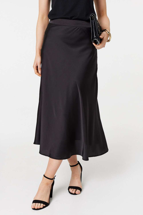 Black | High Waist A-Line Midi Slip Skirt