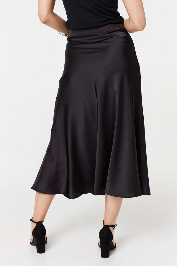 Black | High Waist A-Line Midi Slip Skirt