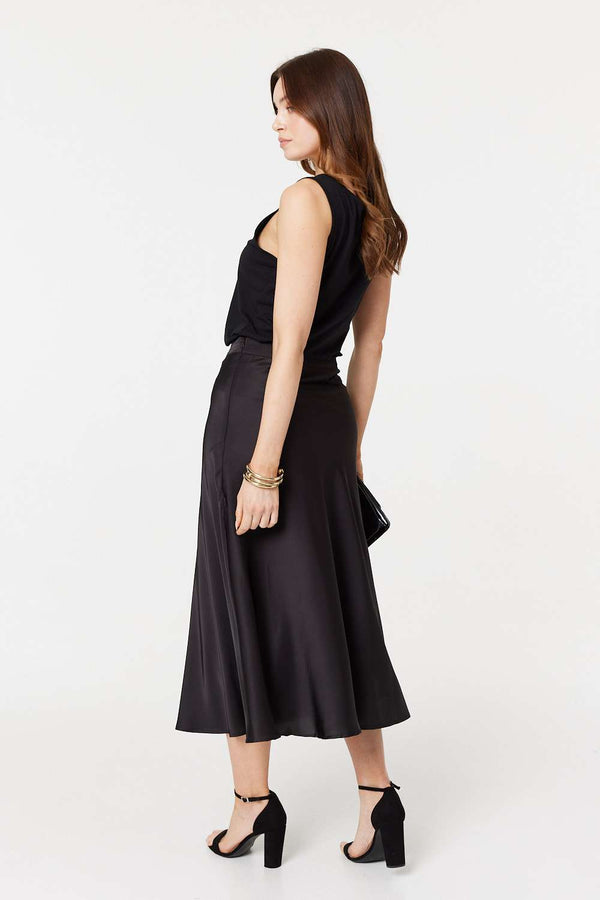 Black | High Waist A-Line Midi Slip Skirt