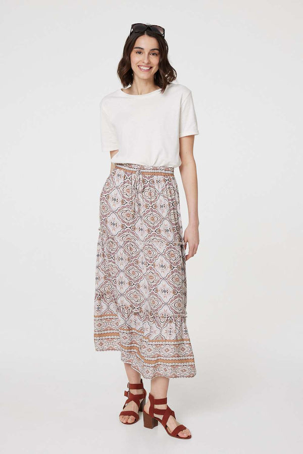 Beige | Printed Drawstring Waist Maxi Skirt