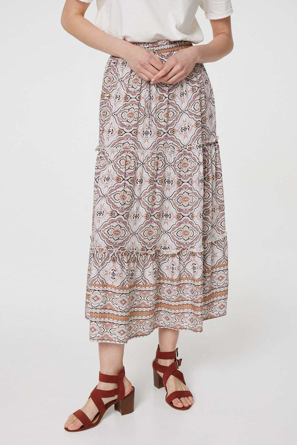 Beige | Printed Drawstring Waist Maxi Skirt