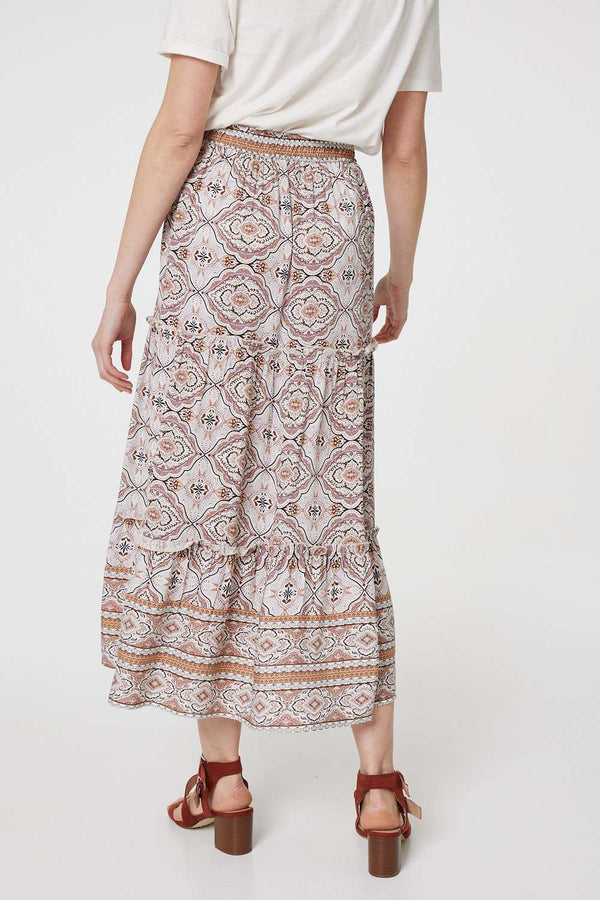 Beige | Printed Drawstring Waist Maxi Skirt