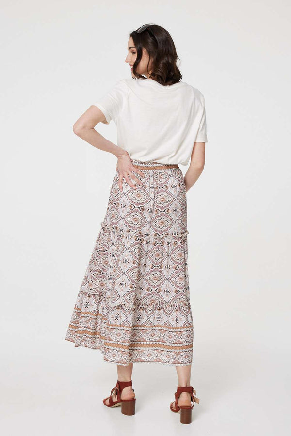 Beige | Printed Drawstring Waist Maxi Skirt