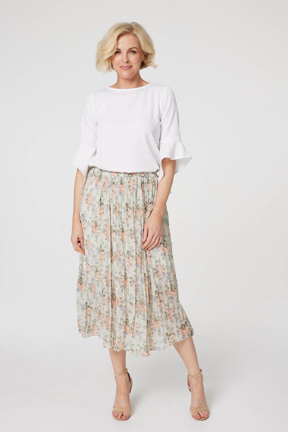 Floral High Waist Pleated Midi Skirt Izabel London