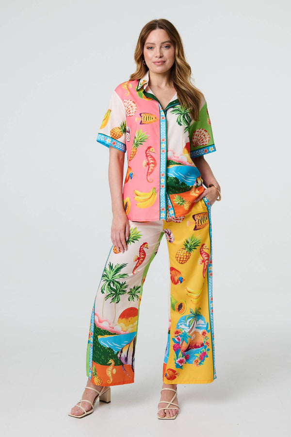 White | Tropical Print Wide Leg Trousers