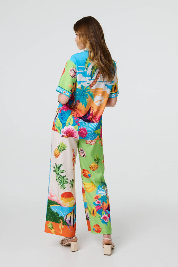 White | Tropical Print Wide Leg Trousers