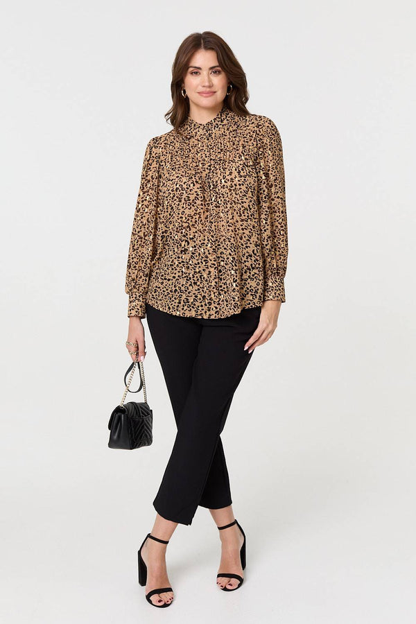 Beige | Animal Print High Neck Loose Fit Blouse
