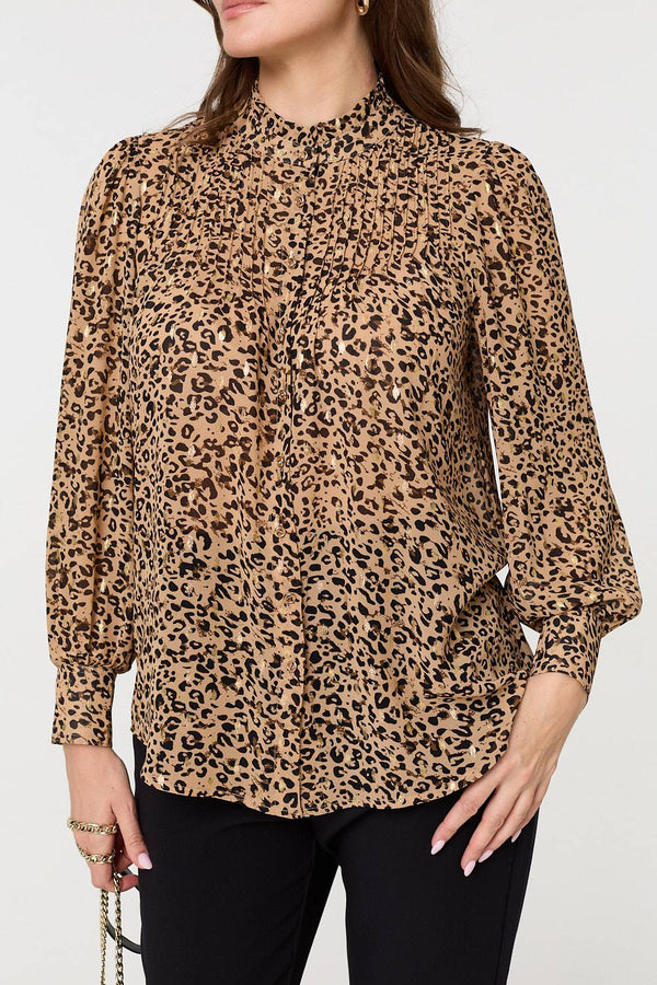 Beige | Animal Print High Neck Loose Fit Blouse
