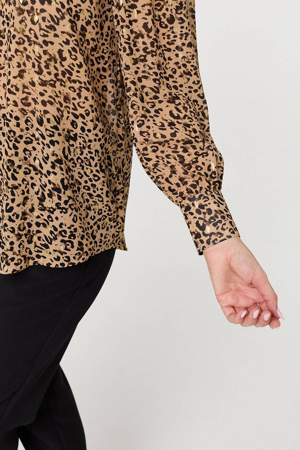 Beige | Animal Print High Neck Loose Fit Blouse
