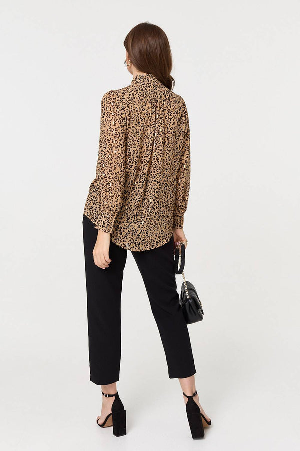 Beige | Animal Print High Neck Loose Fit Blouse
