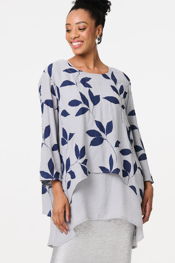 Blue | Leaf Print Longline Layered Tunic Blouse
