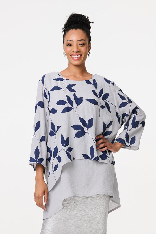 Blue | Leaf Print Longline Layered Tunic Blouse
