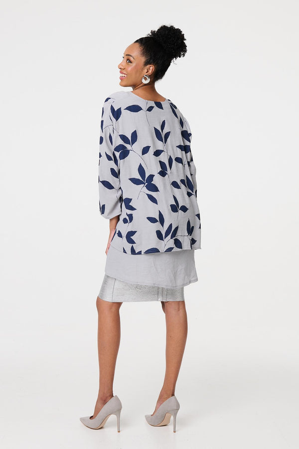 Blue | Leaf Print Longline Layered Tunic Blouse
