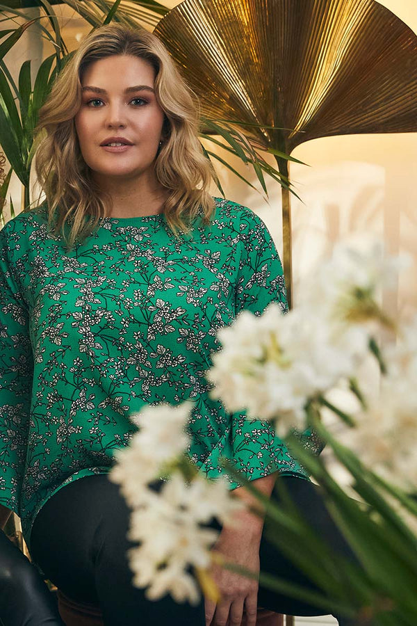 Green | Floral Flute Sleeve Top