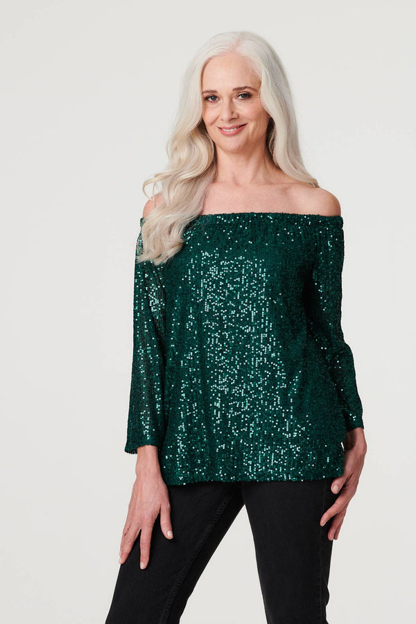 Green | Sequin Bardot 3/4 Sleeve Top