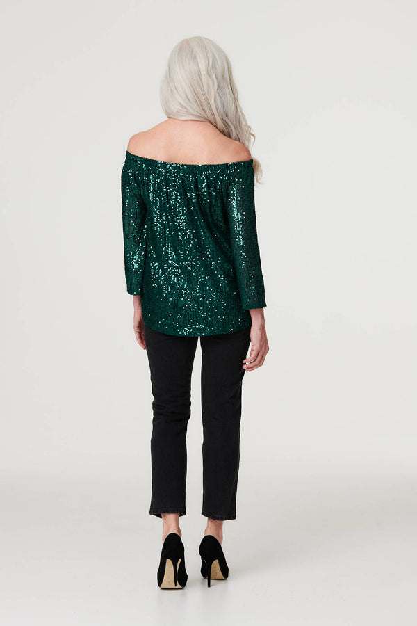 Green | Sequin Bardot 3/4 Sleeve Top