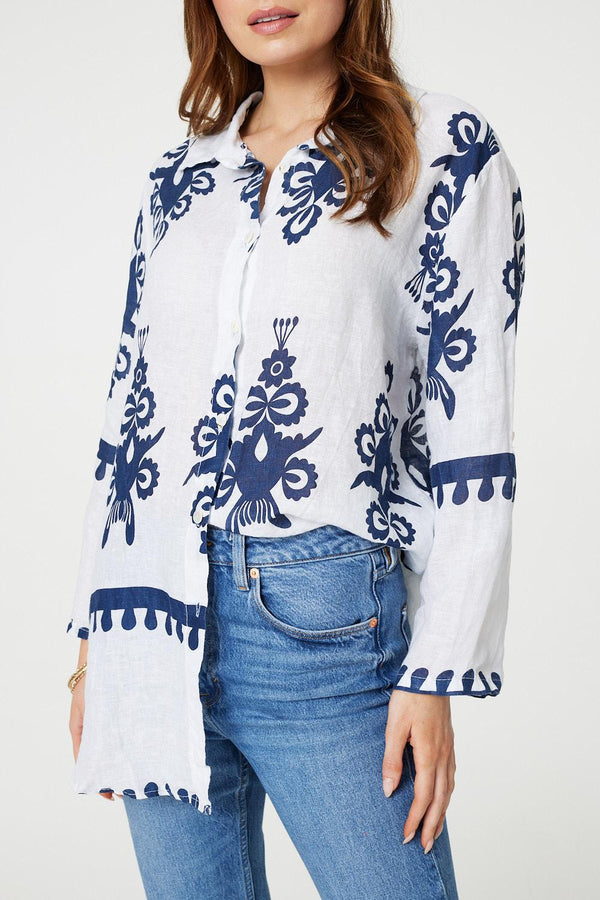 Navy | Printed Oversized Button Down Shirt