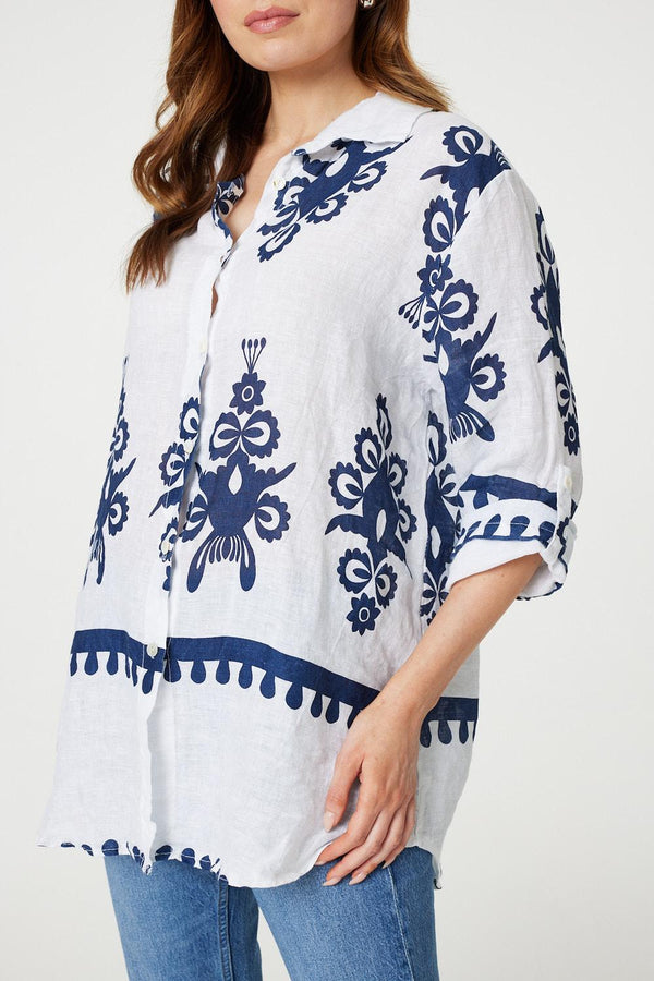 Navy | Printed Oversized Button Down Shirt