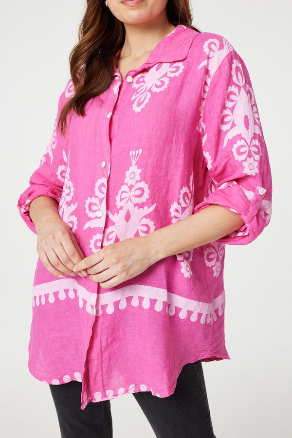Pink | Printed Oversized Button Down Shirt
