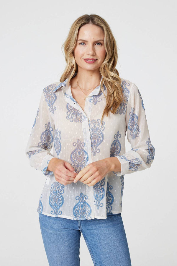 Blue | Printed Button Down Tie Front Shirt