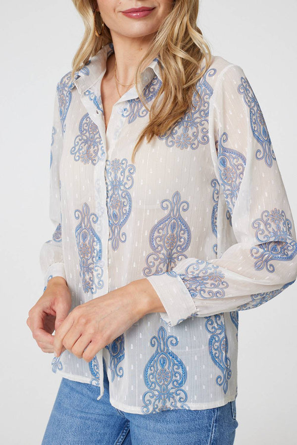 Blue | Printed Button Down Tie Front Shirt