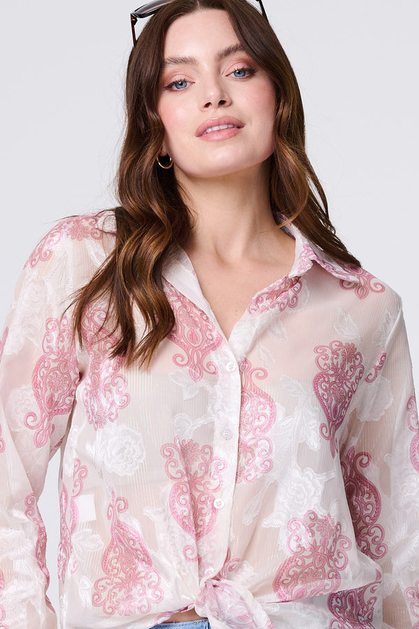 Pink | Printed Button Down Tie Front ShirtBlue | Printed Button Down Tie Front Shirt