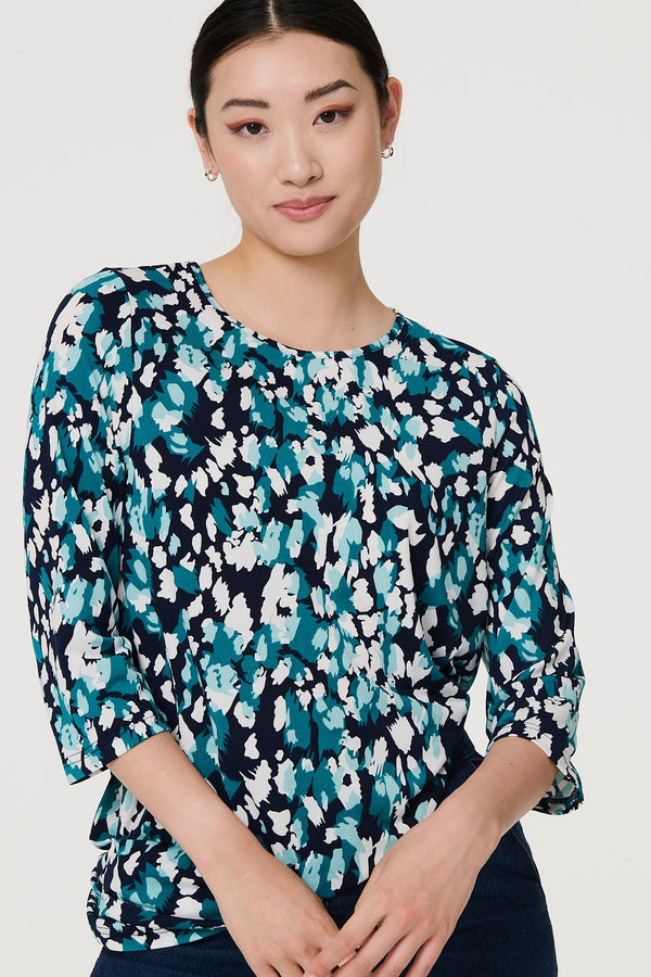 Teal | Printed 3/4 Sleeve Boat Neck Top
