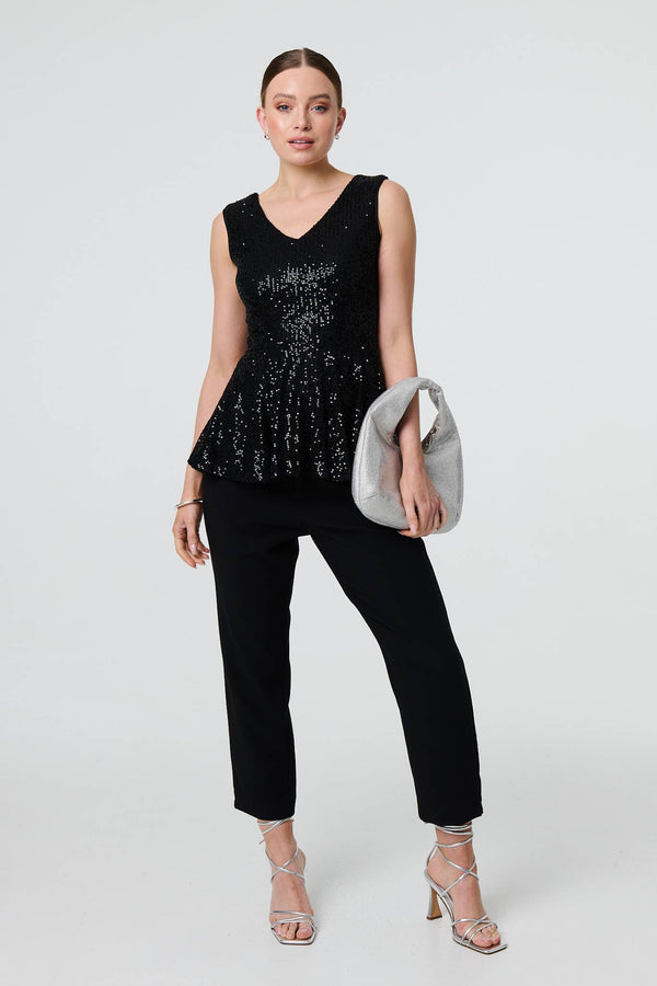 Black | Sparkly Sequin Sleeveless Peplum Top
