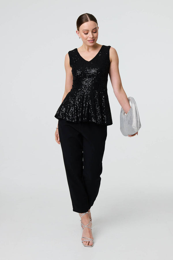 Black | Sparkly Sequin Sleeveless Peplum Top
