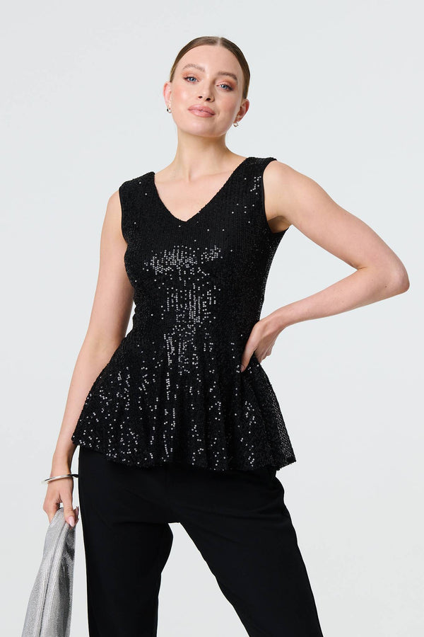 Black | Sparkly Sequin Sleeveless Peplum Top
