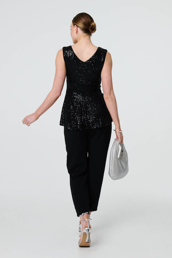 Black | Sparkly Sequin Sleeveless Peplum Top
