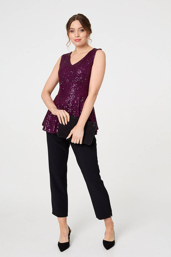 Purple | Sparkly Sequin Sleeveless Peplum Top
