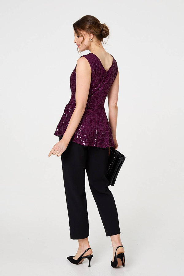 Purple | Sparkly Sequin Sleeveless Peplum Top
