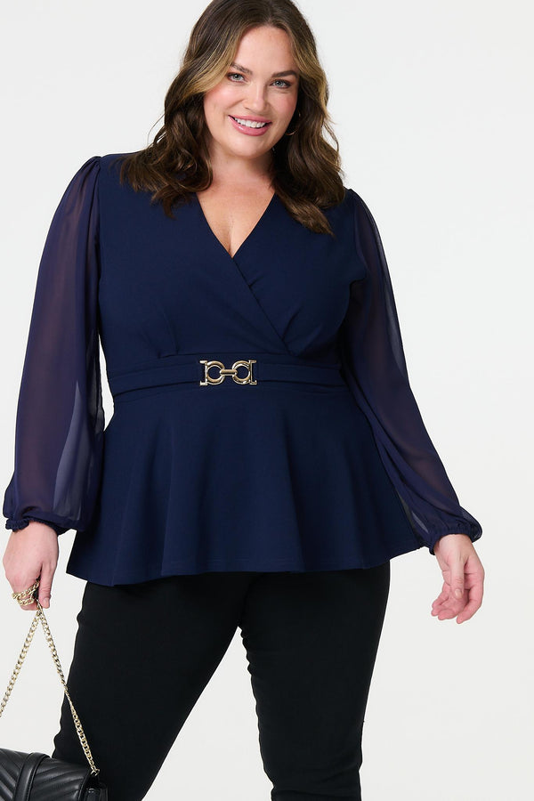 Navy | Sheer Sleeve Wrap Front Blouse : Model is 5'8"/172 cm and wears UK18/EU46/US14/AUS18