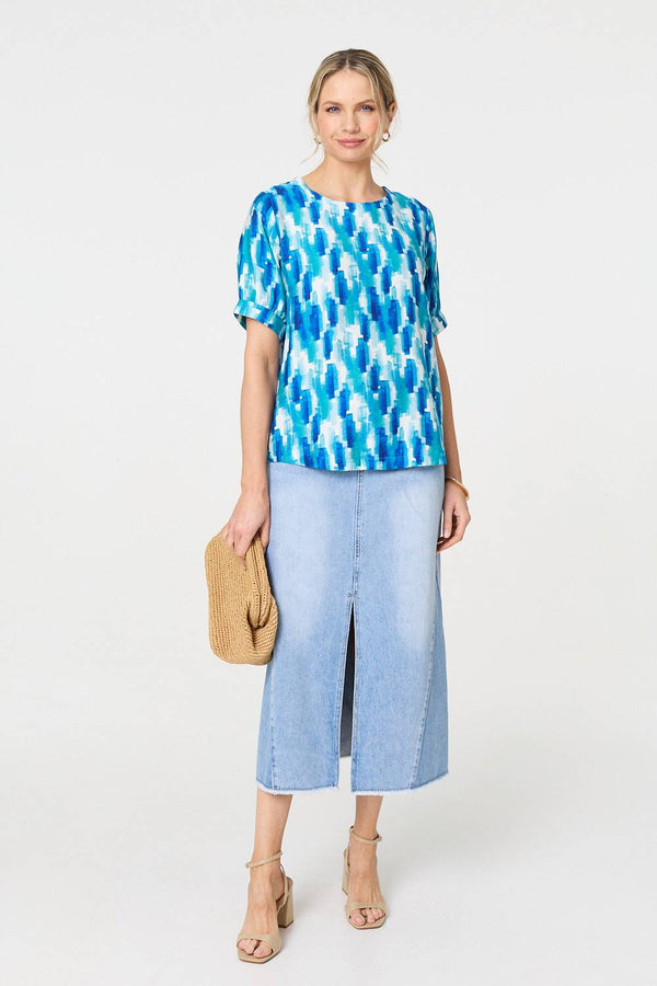 Blue | Printed 1/2 Turn-Up Sleeve Blouse