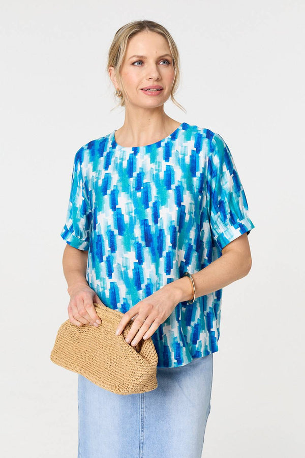 Blue | Printed 1/2 Turn-Up Sleeve Blouse : Model is 5'10"/178 cm and wears UK10/EU38/US6/AUS10