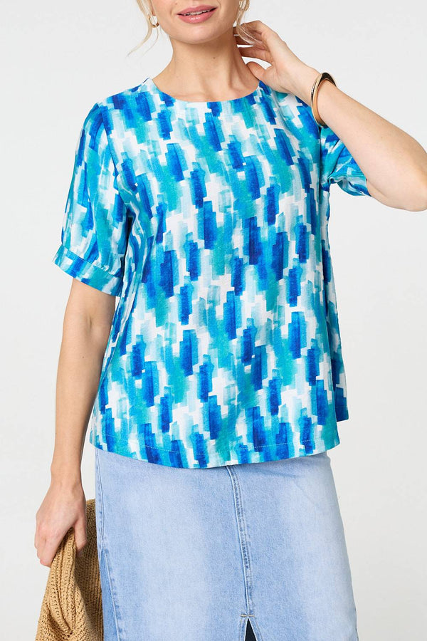 Blue | Printed 1/2 Turn-Up Sleeve Blouse