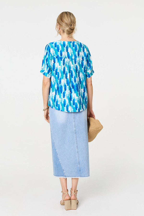 Blue | Printed 1/2 Turn-Up Sleeve Blouse