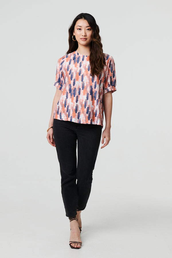 Orange | Printed 1/2 Turn-Up Sleeve Blouse
