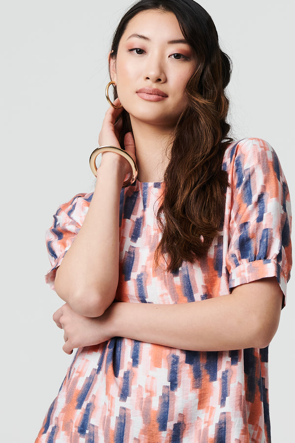 Orange | Printed 1/2 Turn-Up Sleeve Blouse
