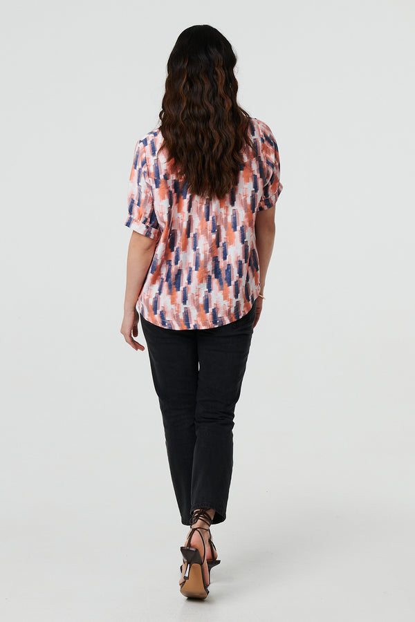 Orange | Printed 1/2 Turn-Up Sleeve Blouse
