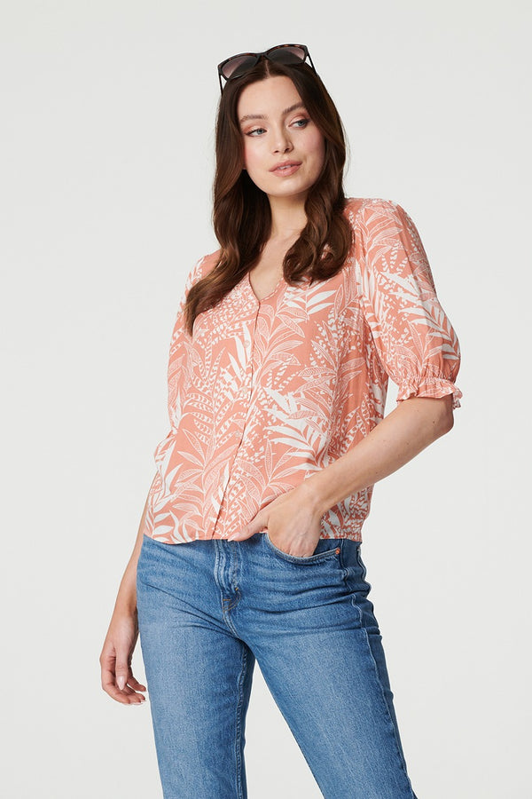 Pink | Leaf Print Puff 1/2 Sleeve Blouse : Model is 5'9"/175 cm and wears UK8/EU36/US4/AUS8