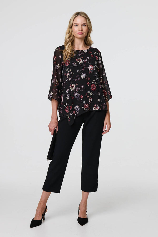 Black | Floral Semi Sheer Hanky Hem Blouse
