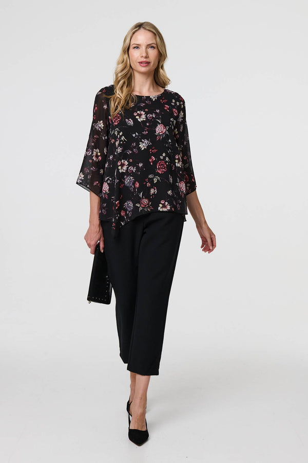 Black | Floral Semi Sheer Hanky Hem Blouse
