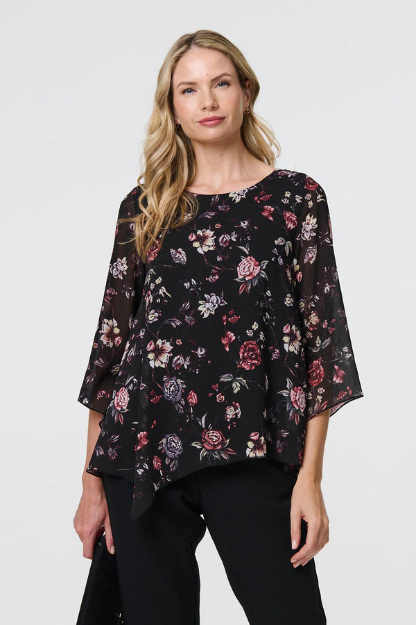 Black | Floral Semi Sheer Hanky Hem Blouse
